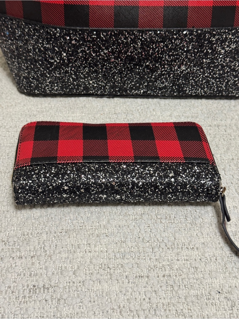 Kate Spade Buffalo Plaid Black And Silver Glitter Set Tote Wallet Cardholder - Picture 4 of 16